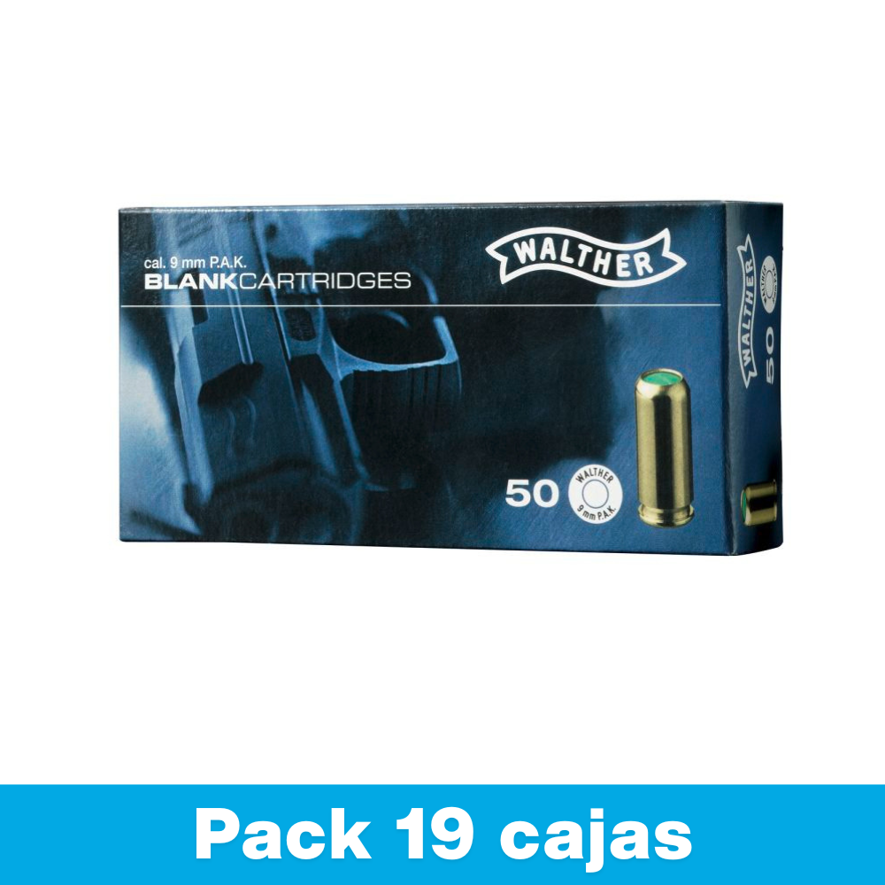 Pak fogueos 9 mm PAK marca Walther, en caja de 50 unidades, 950 municiones